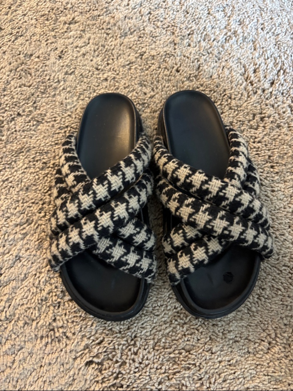 Anine Bing Black and White Houndstooth Crisscross Slide Sandals